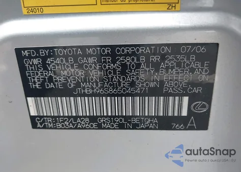 2006 Lexus Gs 300 z USA, uszkodzony, nr VIN JTHBH96S865045471